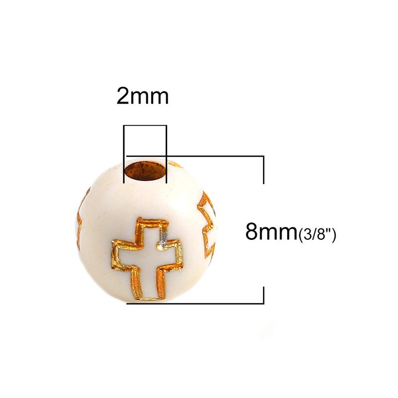 JGFinds Small Round Religious Spacer Beads, 500 Pack Ball Shaped Bead Spacers, 8mm (1/3 Inch) with 2mm Large Hole, Acrylic with Wood Look, Christian Beads (Off White Cross) - Image 3